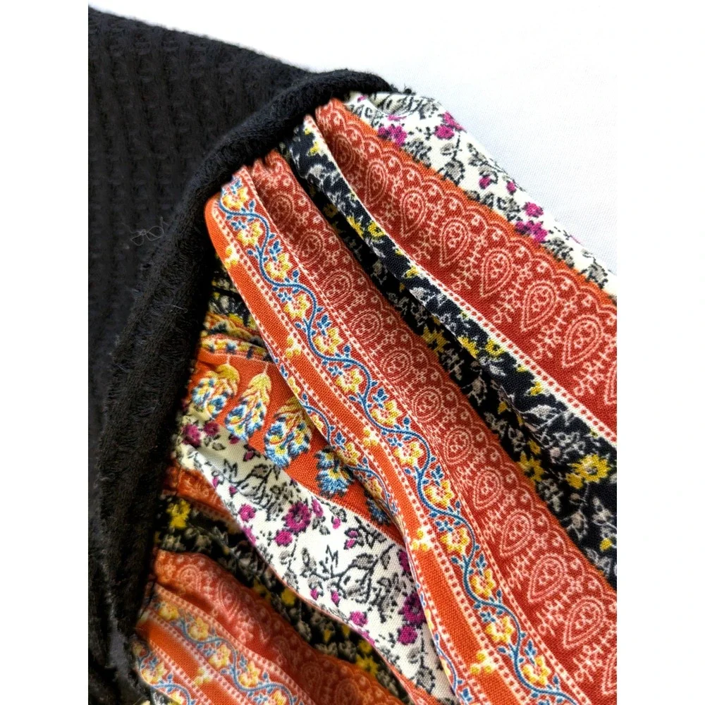 I Joah Premium Black Knit Top - Women's M - Waffle Boho Print Balloon Sleeve - Picture 5 of 7